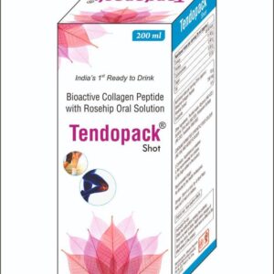 Tendopack Shot 15ml ready-to-drink oral solution containing Bioactive Collagen Peptide and Rosehip Extract for tendon, ligament, and joint health support.