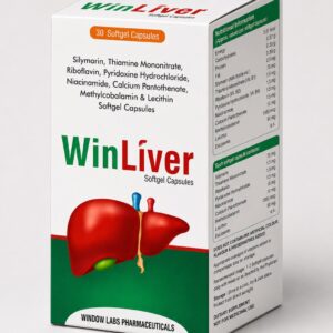 WinLiver Softgel Capsules 30 count box with Silymarin, Lecithin, B-Complex Vitamins, and Methylcobalamin for liver health support.