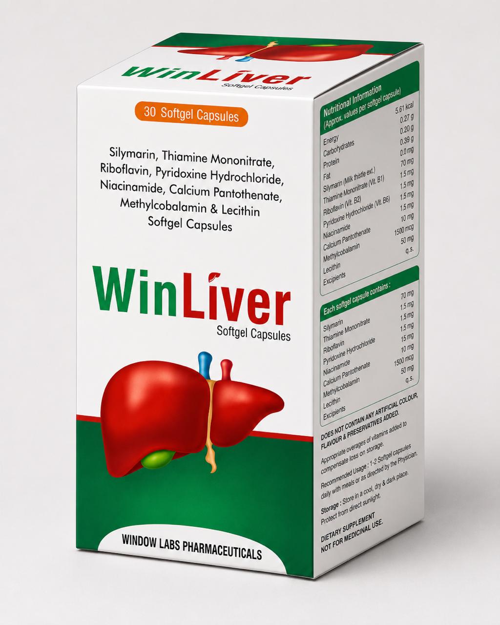 WinLiver Softgel Capsules 30 count box with Silymarin, Lecithin, B-Complex Vitamins, and Methylcobalamin for liver health support.