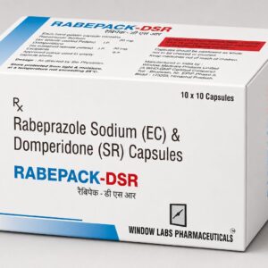 Rabepack-DSR Capsules containing Rabeprazole Sodium 20mg and Domperidone SR 30mg for acidity, GERD, heartburn, and acid reflux management.