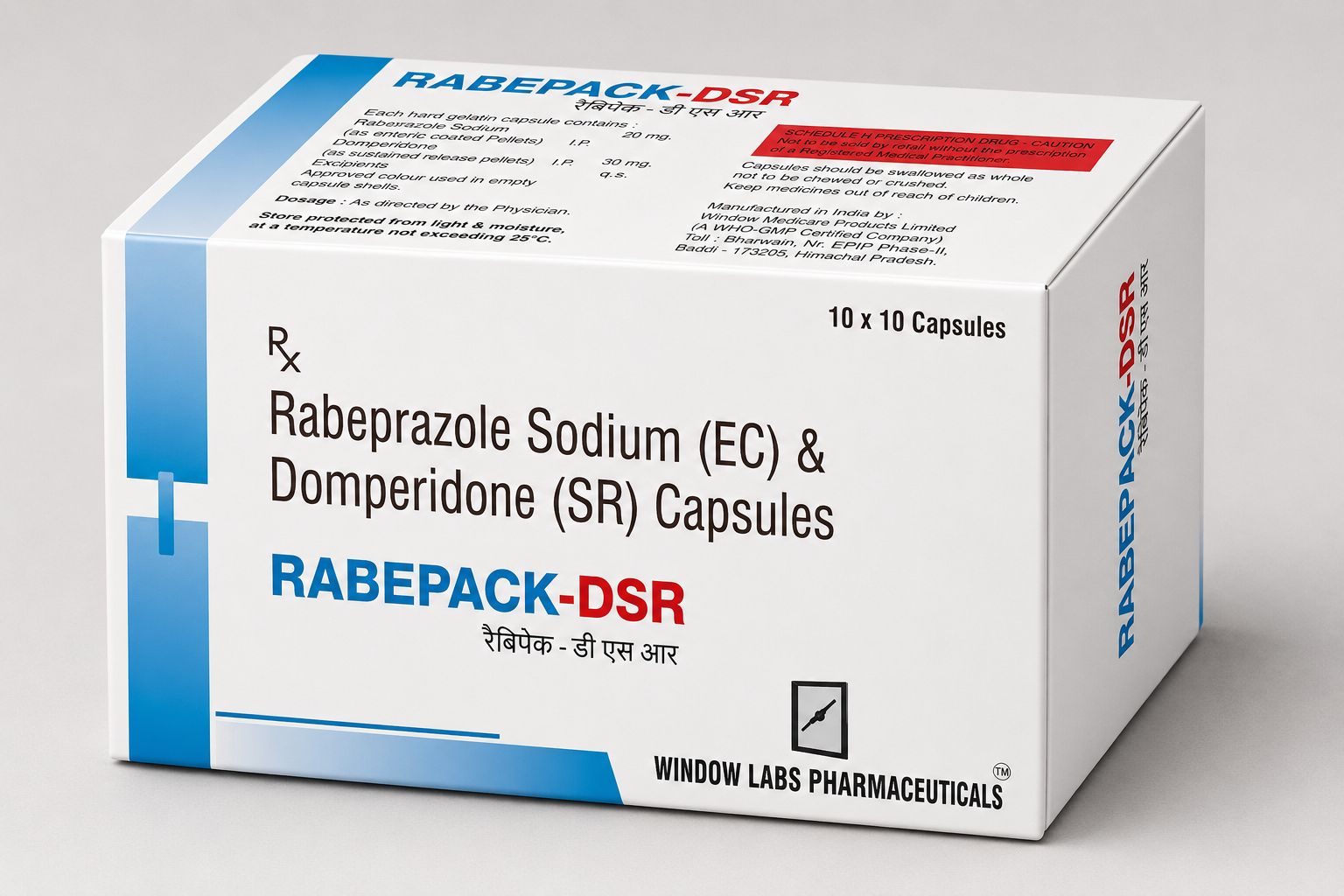 Rabepack-DSR Capsules containing Rabeprazole Sodium 20mg and Domperidone SR 30mg for acidity, GERD, heartburn, and acid reflux management.