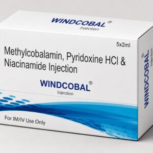 Windcobal Injection 2ml ampoules containing Methylcobalamin, Pyridoxine HCl, and Niacinamide for nerve health and vitamin B supplementation.