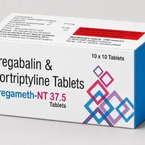 Pregameth-NT 37.5 Tablets containing Pregabalin 37.5mg and Nortriptyline 10mg for neuropathic pain and nerve disorder management.