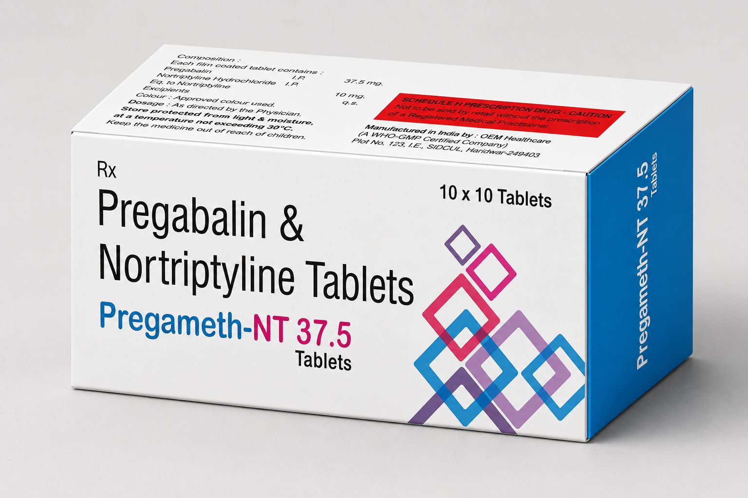 Pregameth-NT 37.5 Tablets containing Pregabalin 37.5mg and Nortriptyline 10mg for neuropathic pain and nerve disorder management.