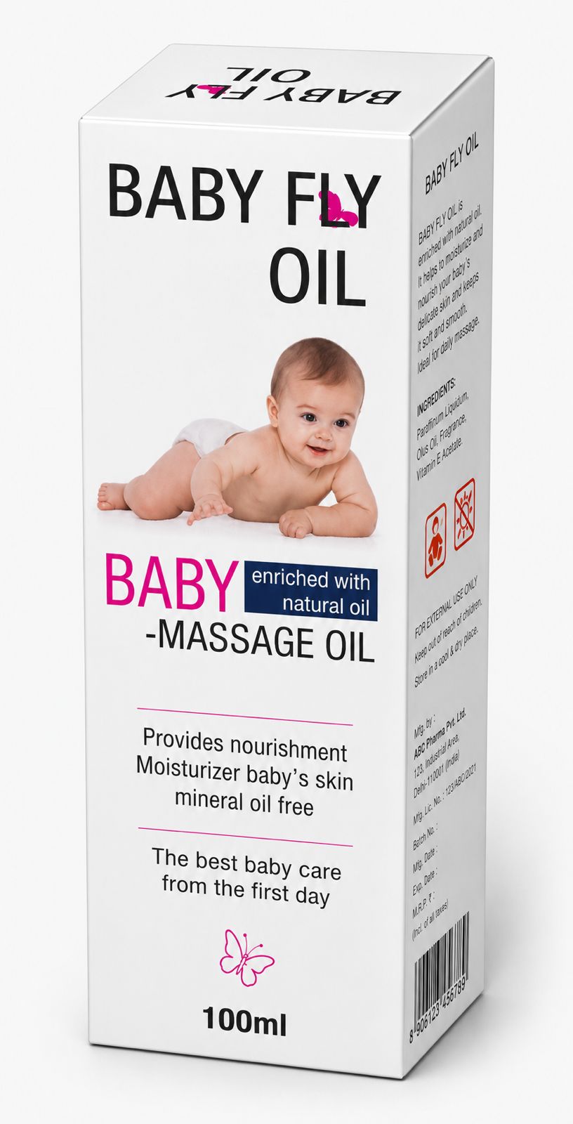 Baby Fly Oil 100ml baby massage oil enriched with natural oils and Vitamin E for moisturizing, nourishing, and protecting delicate baby skin.