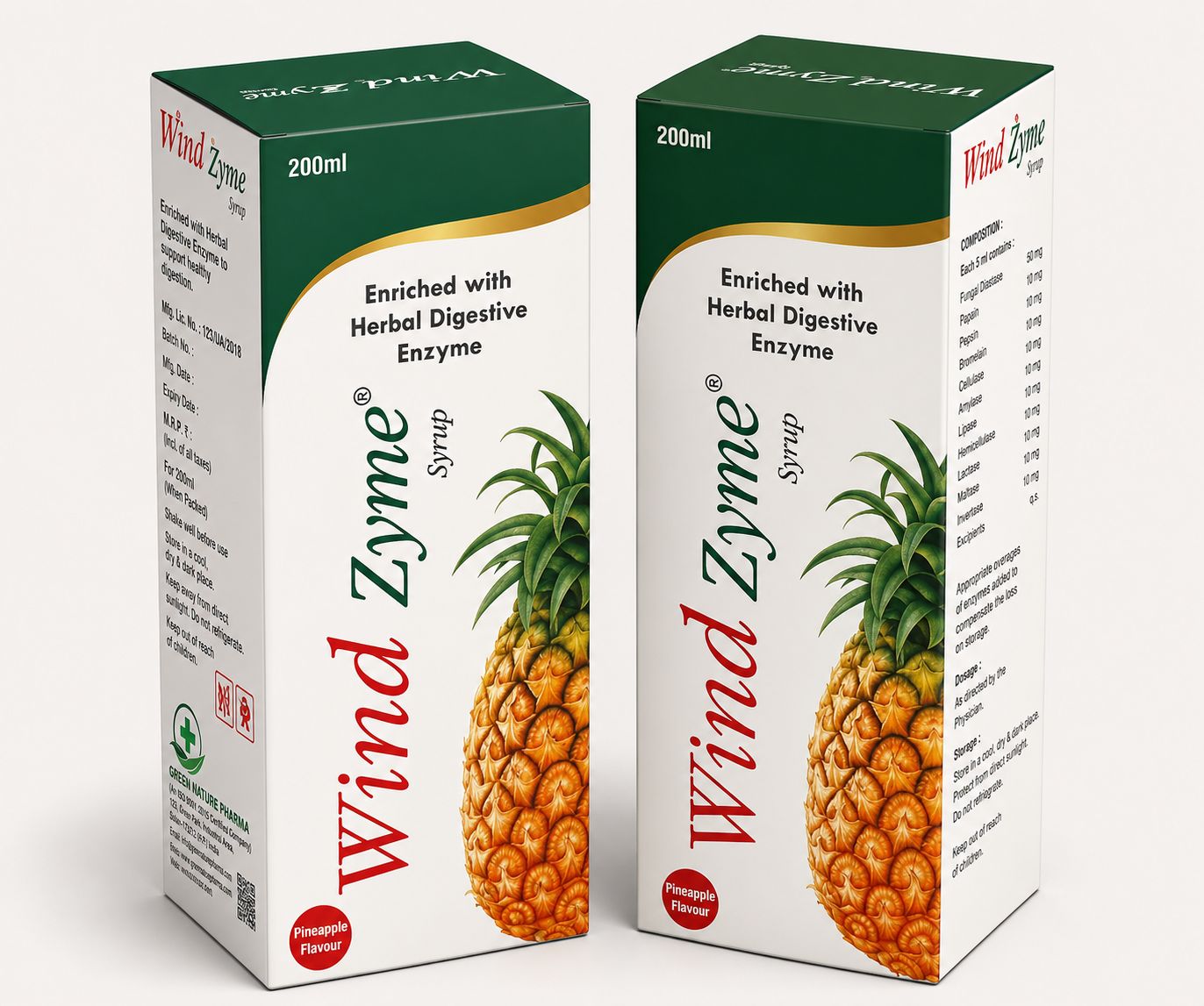 Wind Zyme Syrup 200ml herbal digestive enzyme syrup with Fungal Diastase, Papain, Pepsin and Bromelain for digestive support and relief from bloating.