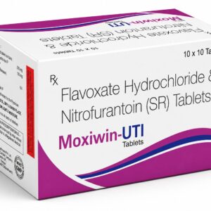 Moxiwin-UTI Tablets containing Flavoxate Hydrochloride 200mg and Nitrofurantoin SR 100mg for urinary tract infection management and urinary discomfort relief.