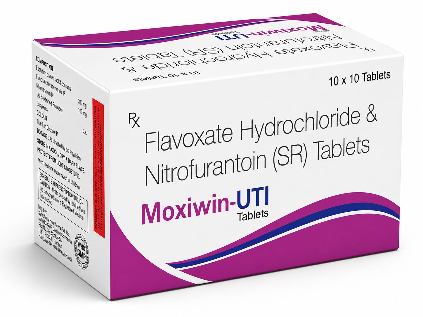 Moxiwin-UTI Tablets containing Flavoxate Hydrochloride 200mg and Nitrofurantoin SR 100mg for urinary tract infection management and urinary discomfort relief.
