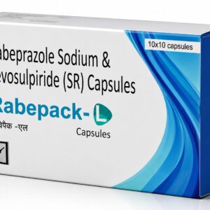 Rabepack-L Capsules containing Rabeprazole Sodium and Levosulpiride SR for acid reflux, GERD, heartburn, gastritis, and digestive health support.