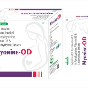 Myonine-OD Tablets containing Myo Inositol, D-Chiro Inositol, NAC, Vitamin D3 and L-Methylfolate for PCOS and fertility support.