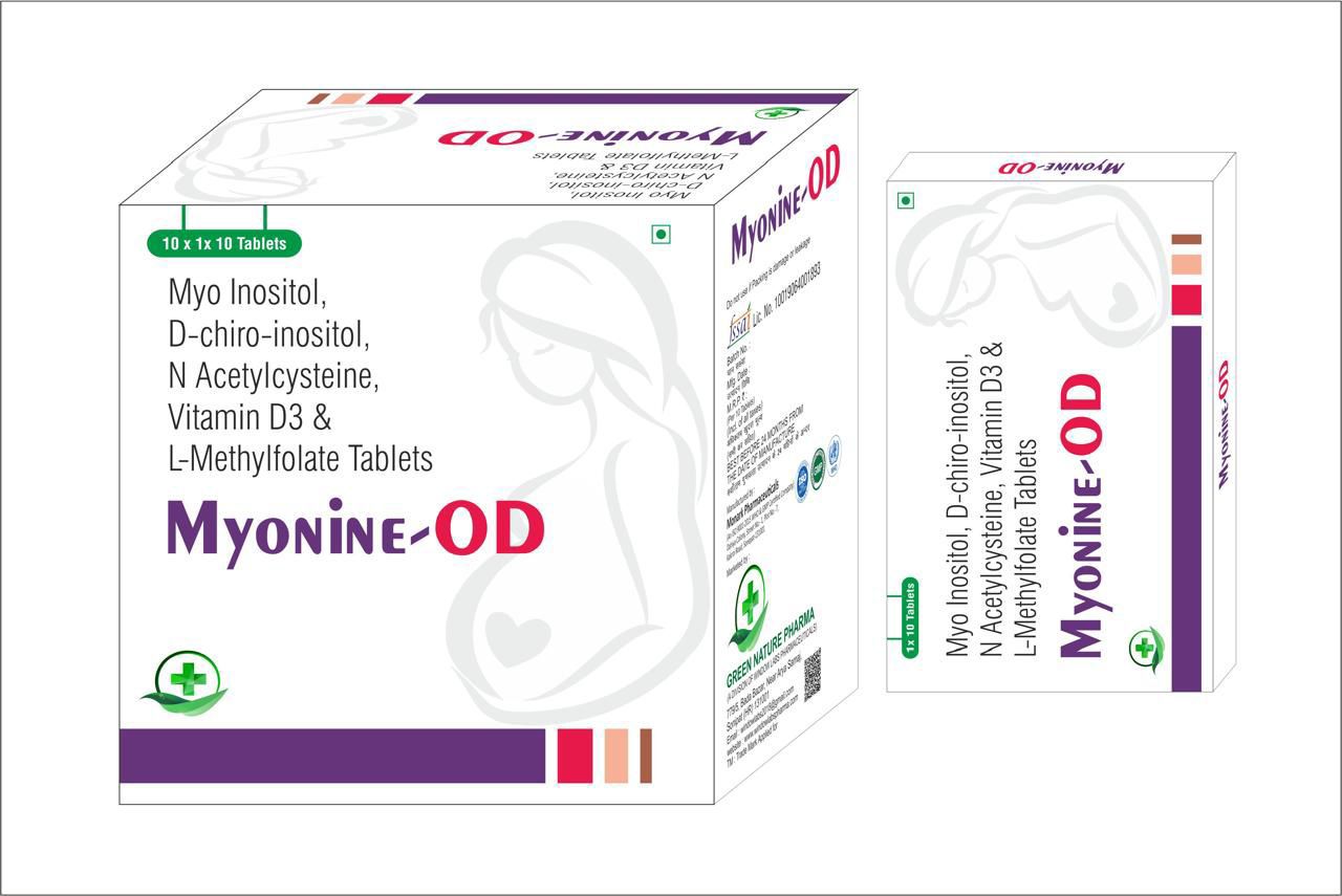 Myonine-OD Tablets containing Myo Inositol, D-Chiro Inositol, NAC, Vitamin D3 and L-Methylfolate for PCOS and fertility support.